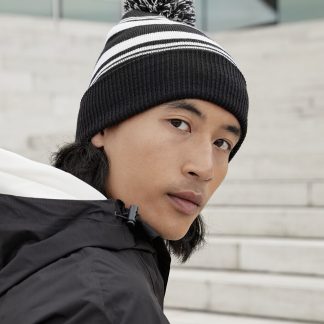 Striped fan beanie in Black/Classic Red - North Print Workwear