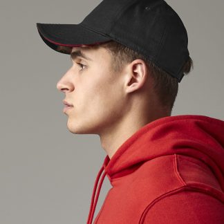 EarthAware® classic organic cotton 5-panel cap – sandwich peak in Black/Classic Red - North Print Workwear