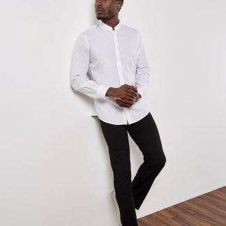 Mandarin collar shirt long-sleeved (tailored fit) in Black - North Print Workwear