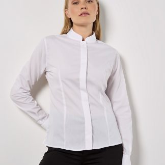 Women's mandarin collar shirt long-sleeved (tailored fit) in Black - North Print Workwear