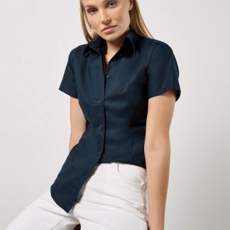 Women's workplace Oxford blouse short-sleeved (tailored fit) in Black - North Print Workwear