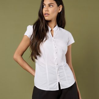 Women's continental blouse mandarin collar cap sleeve (tailored fit) in Black - North Print Workwear