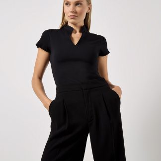 Women's corporate short-sleeved top v-neck mandarin collar (regular fit) in Black - North Print Workwear