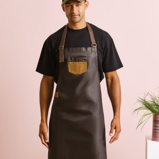 Division waxed-look denim bib apron with faux leather in Black Denim - North Print Workwear