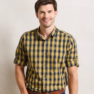 Mulligan check cotton long sleeve shirt in Camel/Navy - North Print Workwear