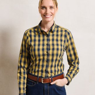 Women's Mulligan check cotton long sleeve shirt in Camel/Navy - North Print Workwear