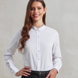 Women's banded collar 'grandad' shirt in Black - North Print Workwear