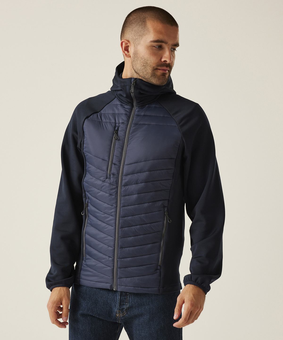 Navigate hybrid hooded jacket in Black/Classic Red - North Print Workwear