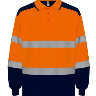 Hi-vis two-tone long sleeve polo (HVJ330) in Hi-vis Orange/Navy - North Print Workwear