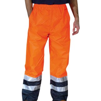 Hi-vis waterproof overtrousers (HVS463) in Orange/Navy - North Print Workwear